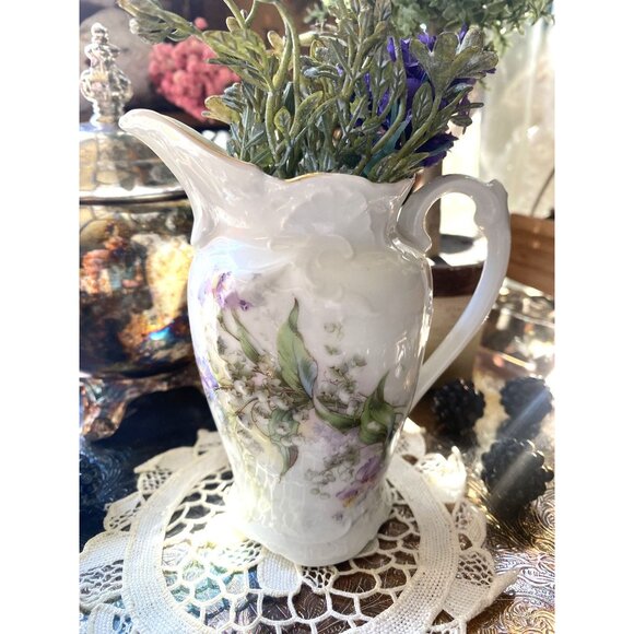 Vintage Porcelain Creamer Lavender Iris LOV Floral Early 1900s Shabby Chic - Picture 2 of 16